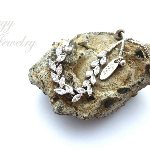 Delicate CZ Leaf Bridal Bolo Adjustable Bracelet - Picture 8 of 8